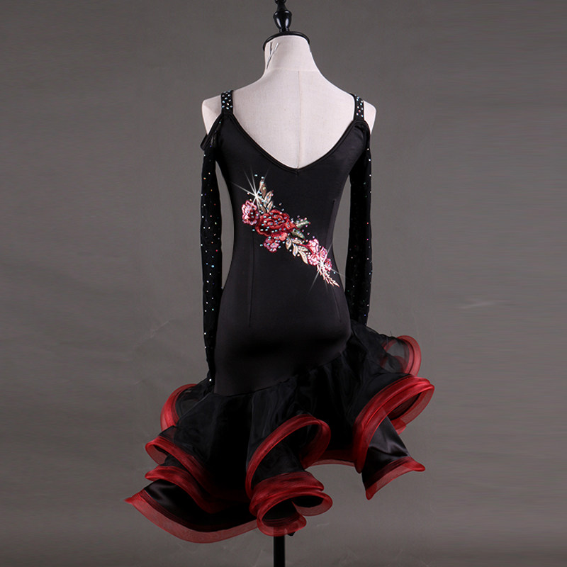 露肩长袖拉丁舞比赛演出服圆领贴花花吉特巴三步拉丁舞演出服