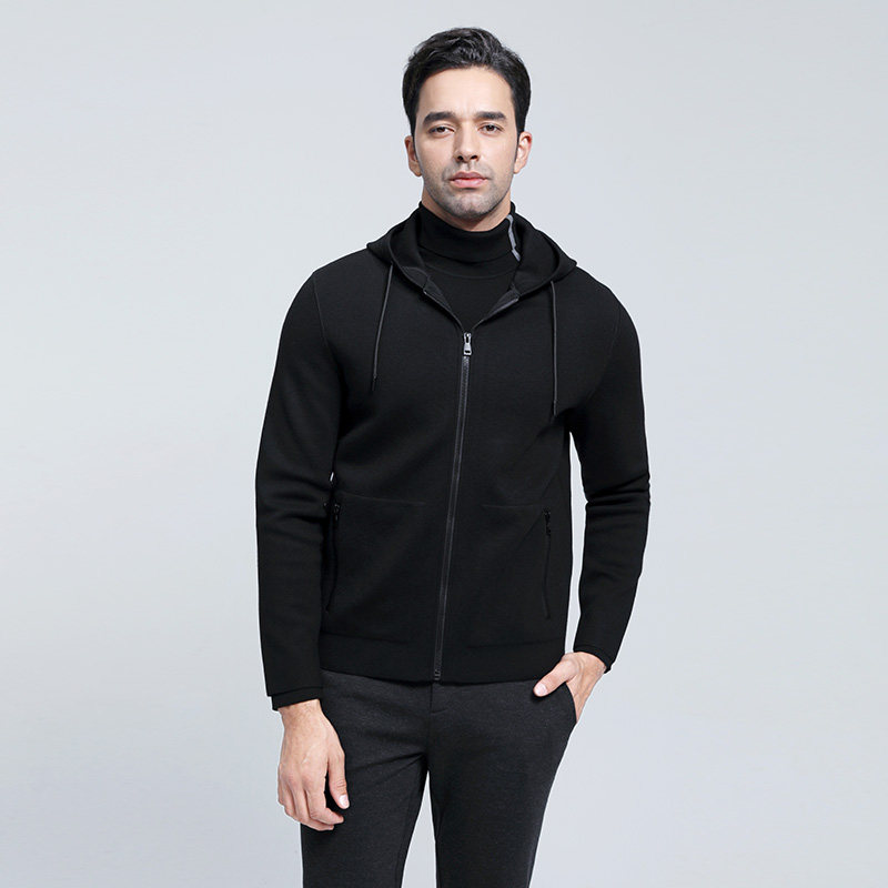 顺美男装黑色男士时尚商务休闲常规版带帽开针织衫