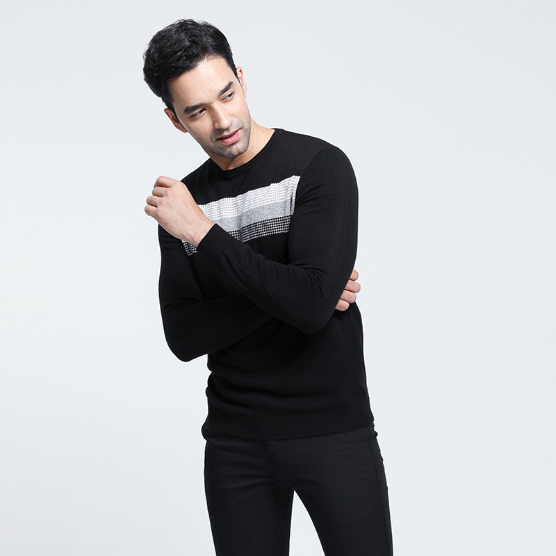 顺美男装黑白男士时尚商务休闲套头圆领直筒针织衫