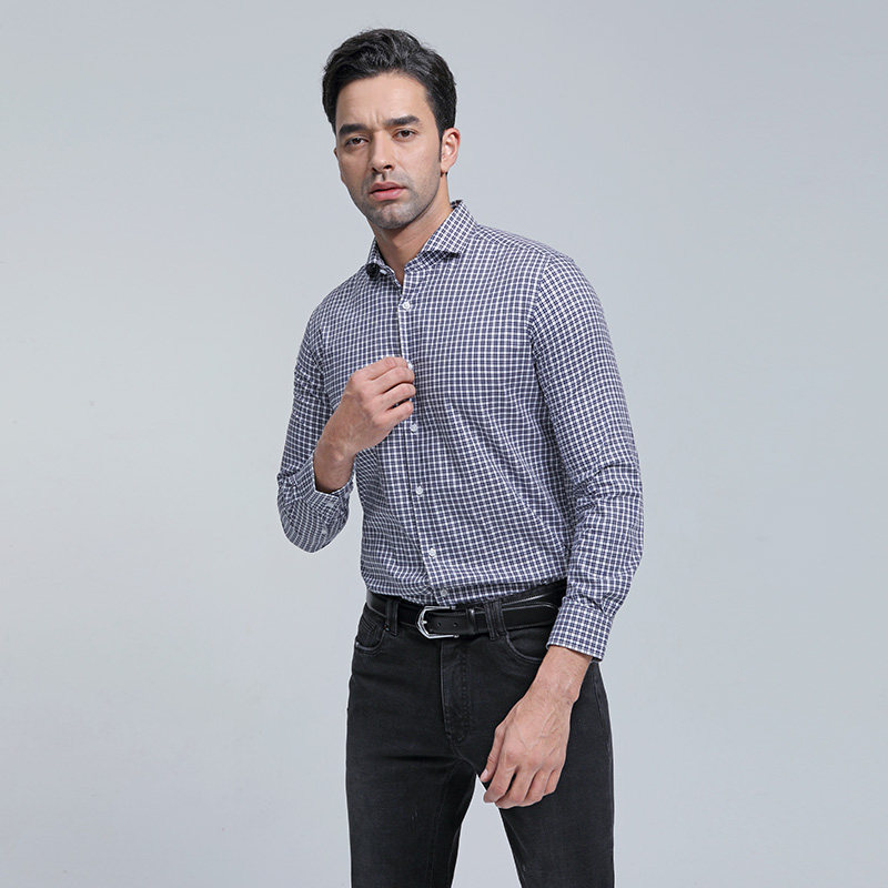 顺美男装蓝色色格时尚商务休闲温莎莎领纯棉衬衫