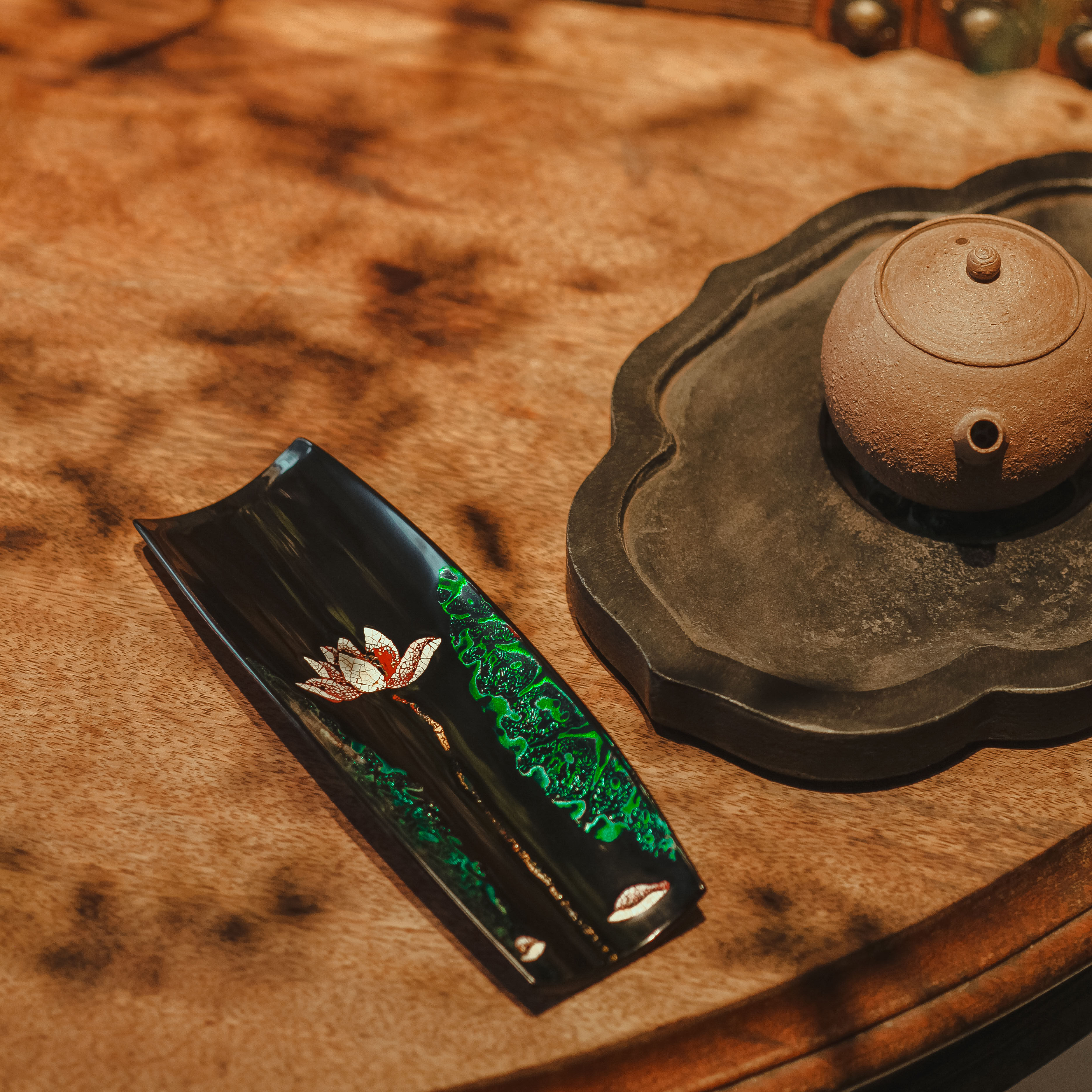 那莲唐物一朵莲系列大漆蛋壳镶嵌漆器茶荷茶铲茶道