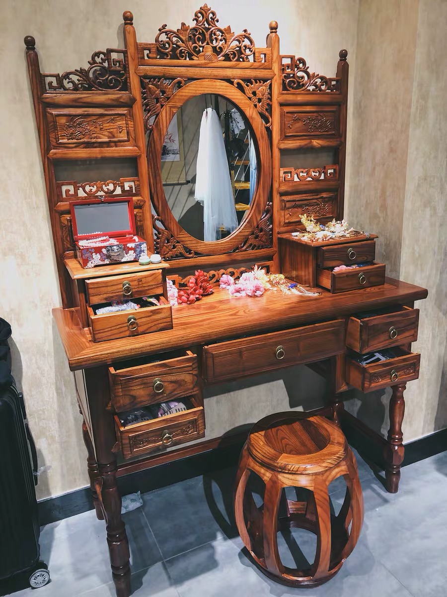 明清仿古家具全实木梳妆台古典中式南榆木化妆台镂空雕花古代复古-沃
