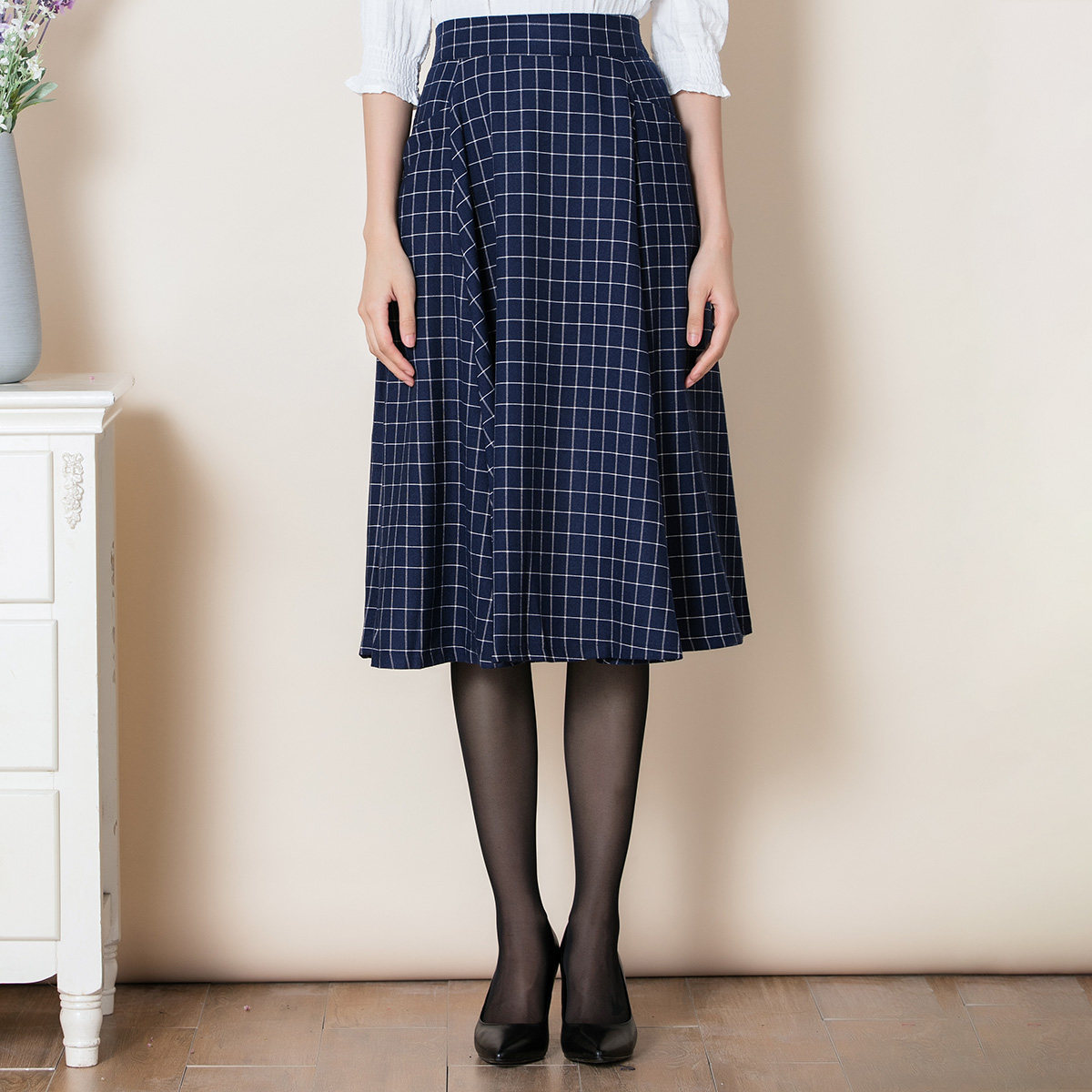 格子半身裙女秋冬新款中长字裙加厚长裙百褶裙半身裙