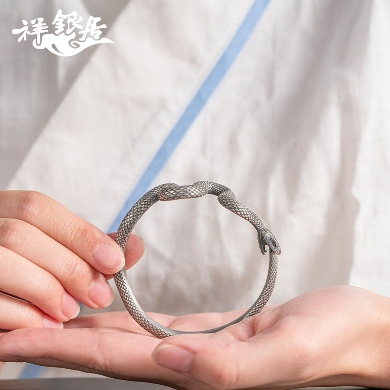 祥银居纯银蛇形手镯s999足银复古个性眼镜蛇银手环生肖属蛇银镯子