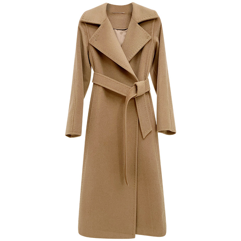 nz经典驼色大翻领manuela水波纹骆驼绒大衣女高端中长款毛呢外套