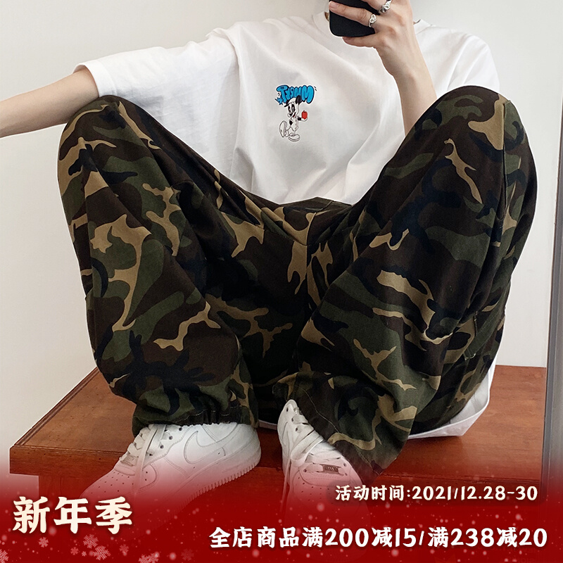 HIPHOP迷彩工装裤女束脚宽松直筒长裤洗水做旧街头嘻哈松紧休闲裤