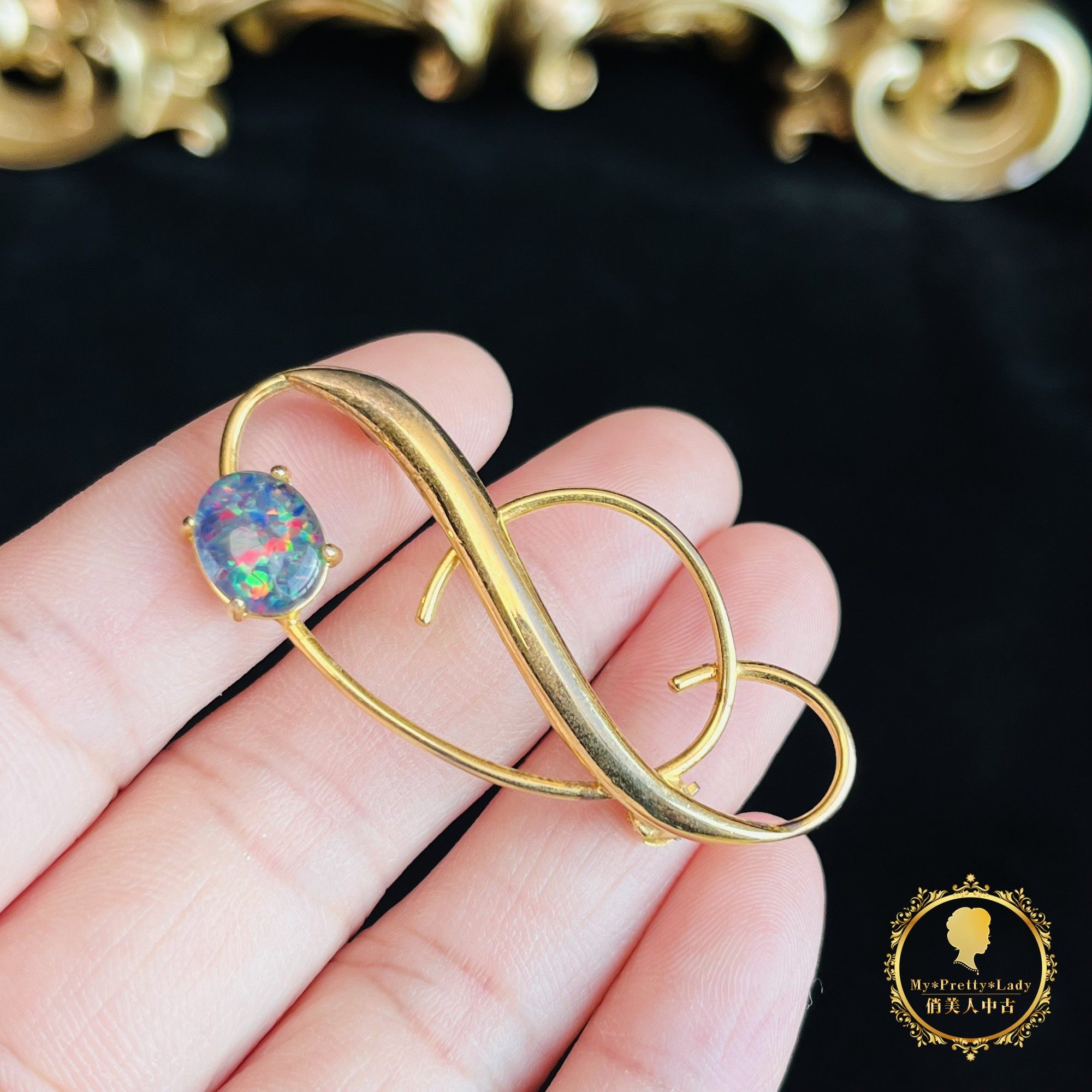 vintage天然欧泊石日本日本海外中古复古镀金胸针胸针