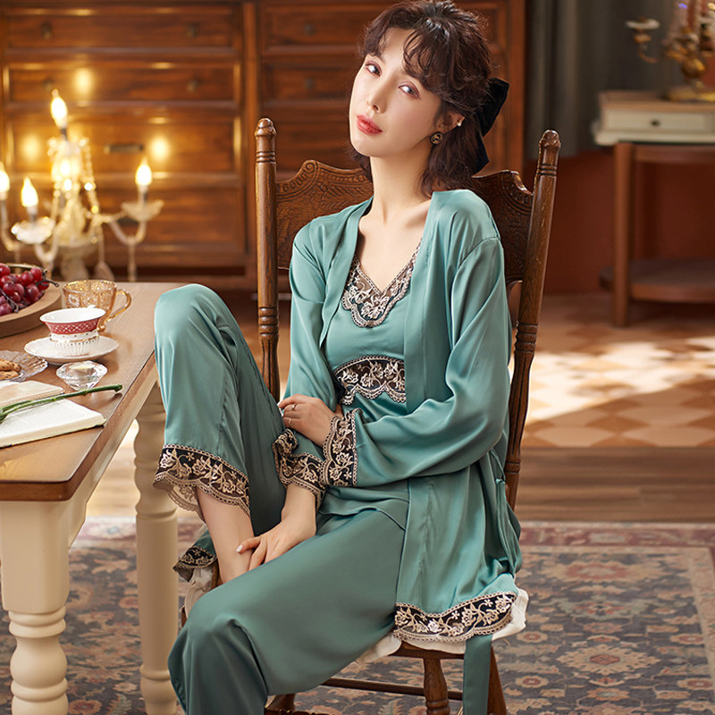 新款夏季冰丝睡衣长袖薄款春秋丝绸家居服女性睡衣