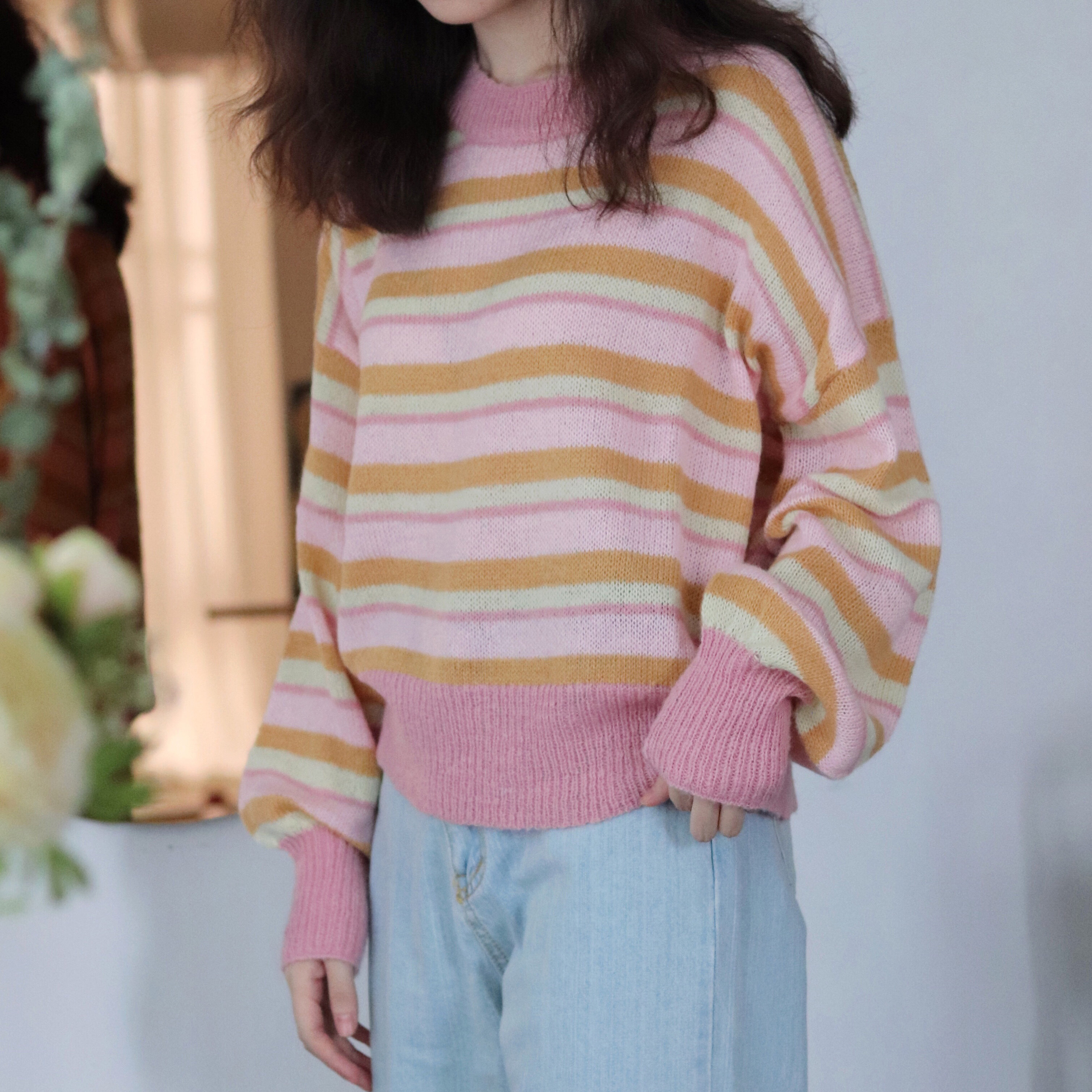 pineapple bun神仙配色条纹圆领套头薄针织衫毛衣短款上衣韩版女
