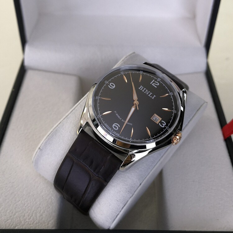 binli宾利6123全自动机械表真皮表带男表球形镜面国产腕表
