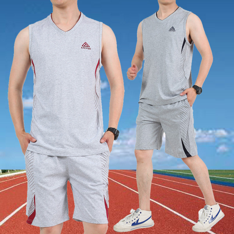 运动背心短裤套装男夏季运动服纯棉无袖衫休闲透气健身跑步服装薄