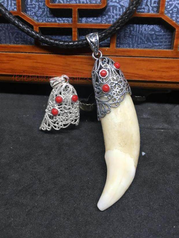 套包精品纯银镂空镶嵌虎牙大牙牙齿包银吊坠项坠