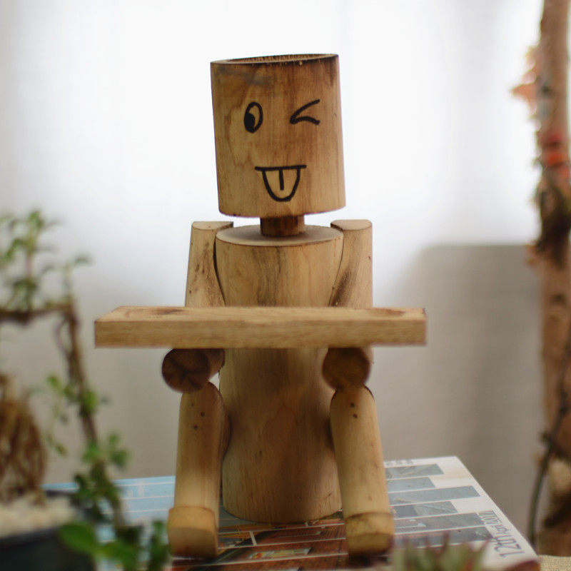 实木木头人物造型个性多肉种植花盆涂鸦创意可爱摆件