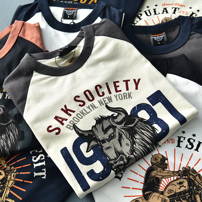 潮男趣味牛头流印花短袖T恤超级柔软 男士夏季百搭插肩袖打底衫