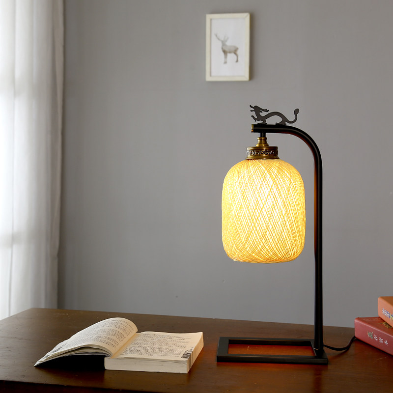 现代新中式台灯藤艺书房学习卧室床头客栈中国装饰台灯