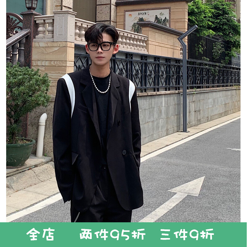 高级感炸街休闲西服男士韩版时髦撞色设计感上衣拼接痞帅西装外套