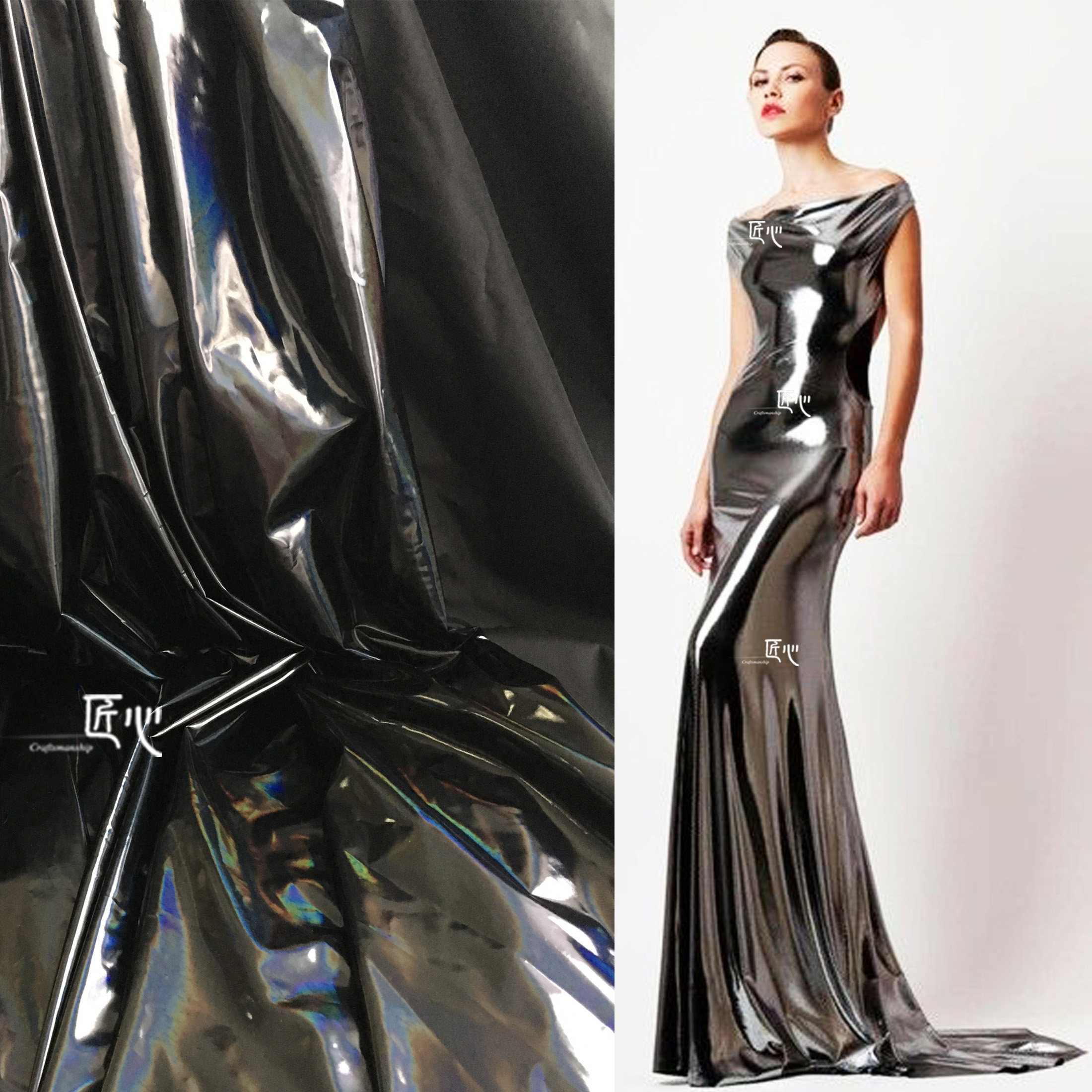 镜面风衣设计师服装设计服装无弹雨衣反光皮革涂层海绵垫