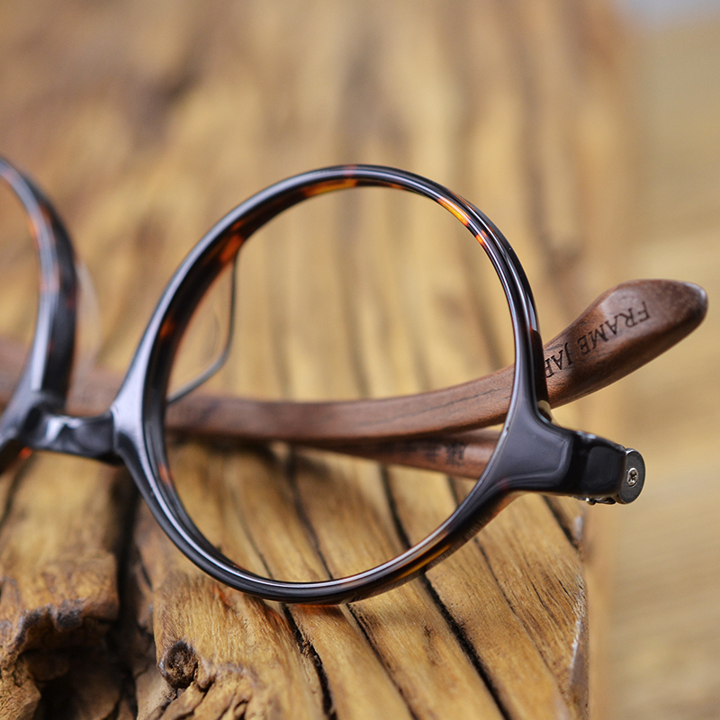 藤井太郎日式文艺圆框实木木腿眼镜镜框复古圆形眼镜架