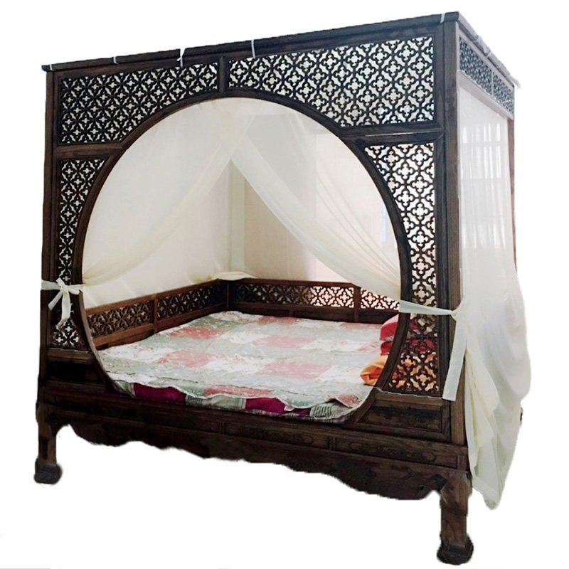 中式麻纱纱幔遮光防尘防蚊蚊帐仿古架子双月床幔
