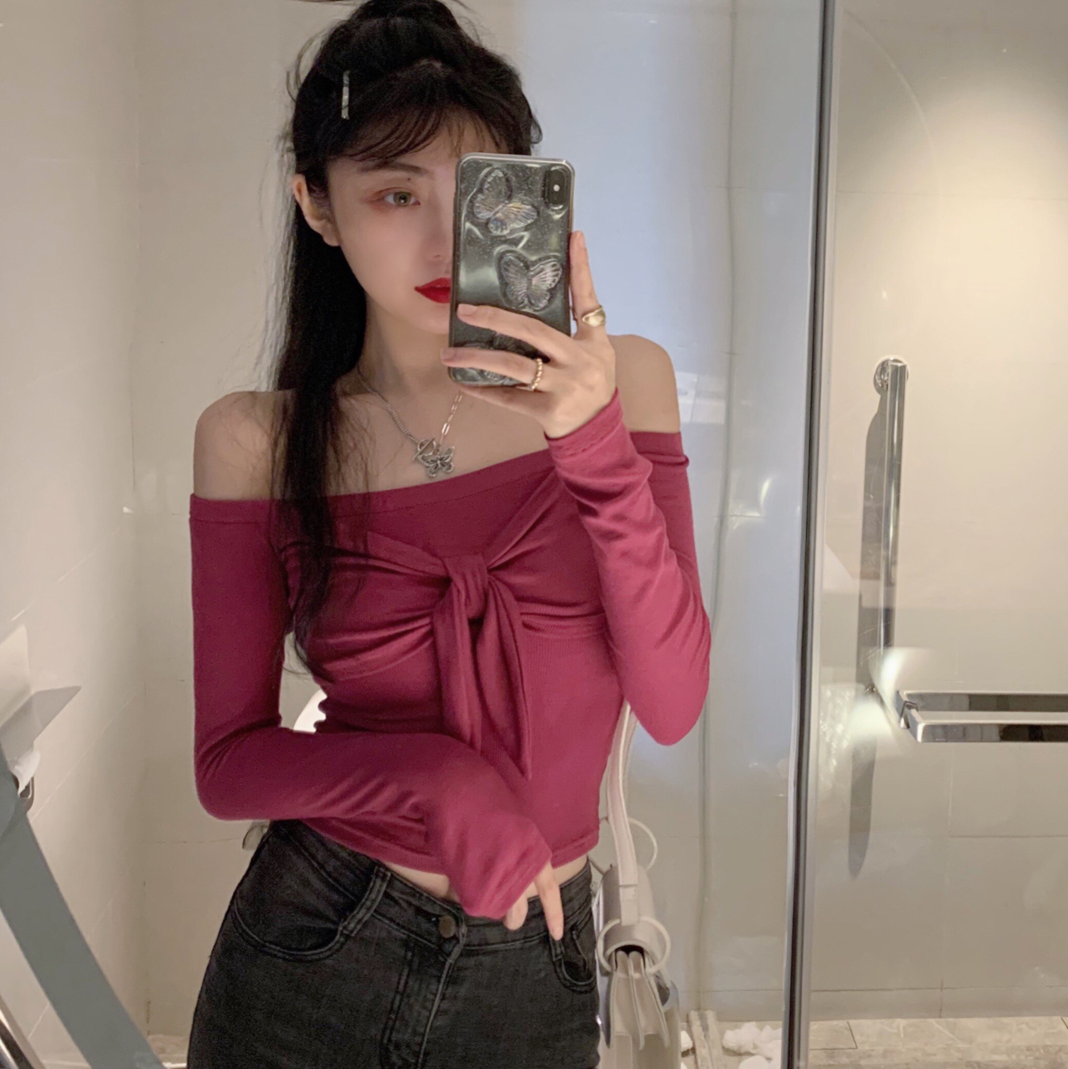 网红直播衣服女主播服装上镜性感显瘦短款露肩毛针织衫