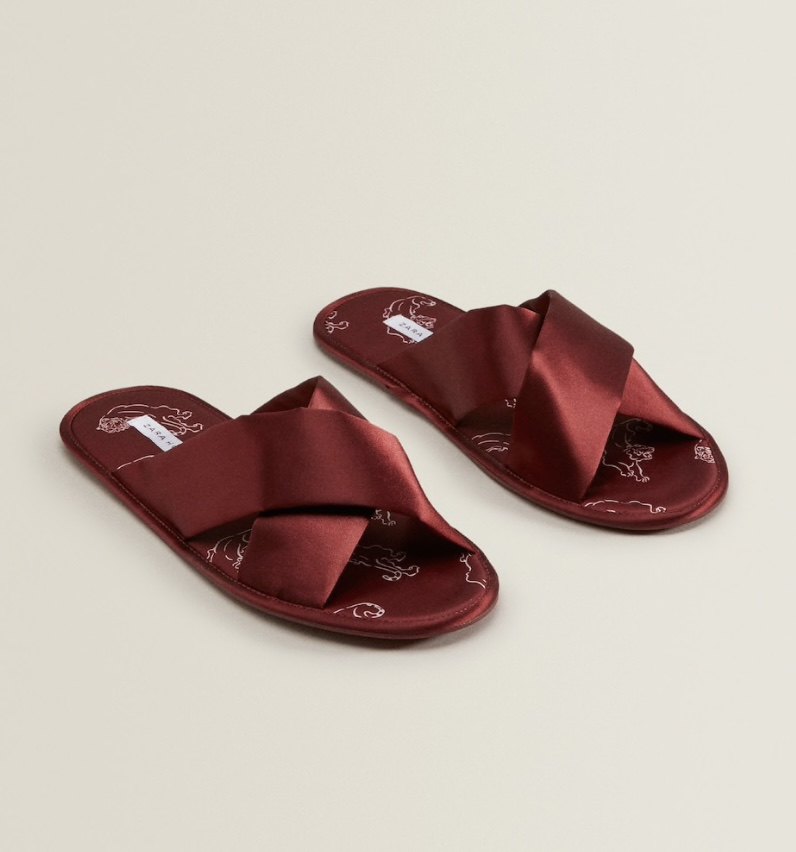 zarahome暗红色缎面拖鞋家居霸气图案印花居家凉拖