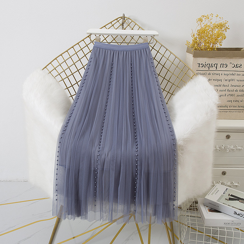 珍珠裙子纱裙仙女百搭百褶裙新款网纱春季2022半身裙