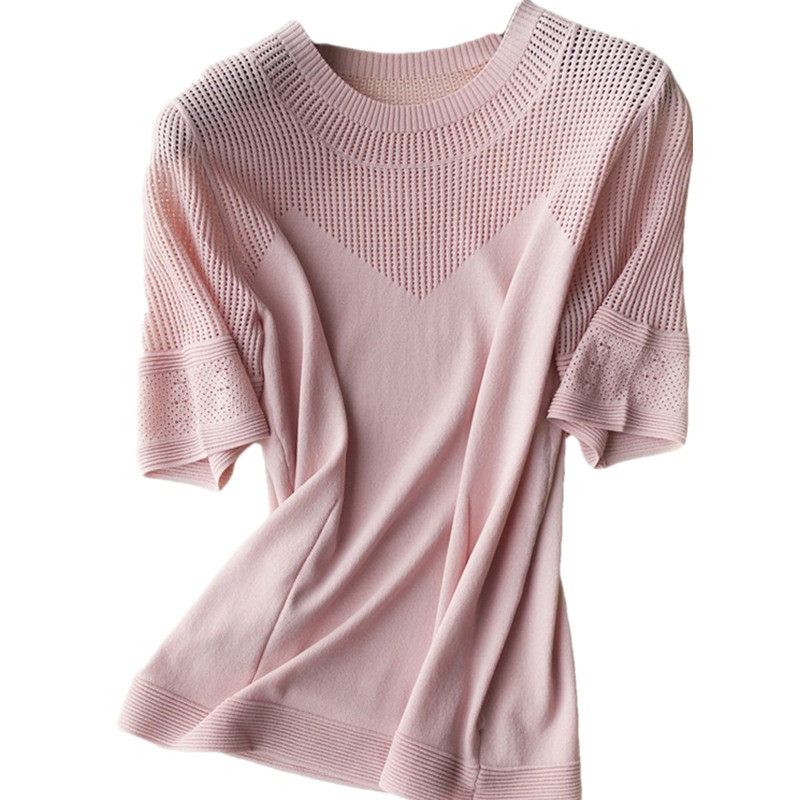 夏季新款镂空花针装饰小隐套头冰麻针织衫毛针织衫