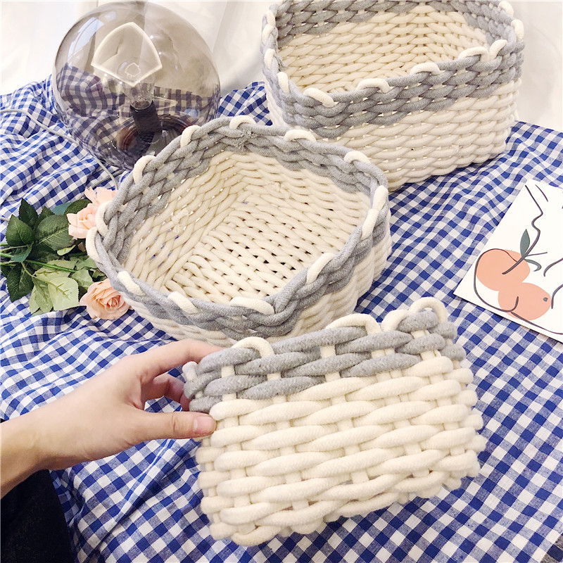 北欧粗棉绳编织筐加厚棉绳收纳筐桌面化妆品收纳篮杂物篮客厅储物