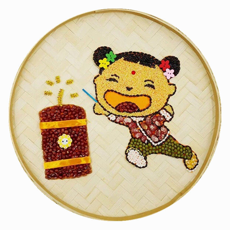 五谷杂粮豆子米画竹筛画节庆主题成品粮食厘米直径手工创意粘贴类