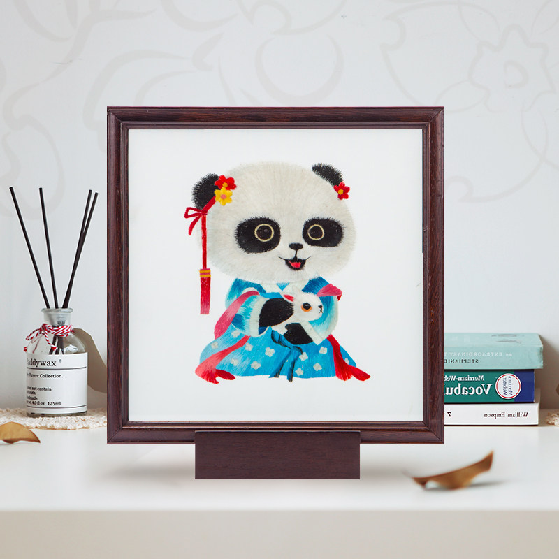 寻锦记蜀绣四川成都特色鸡翅木熊猫摆件双面刺绣纪念品刺绣