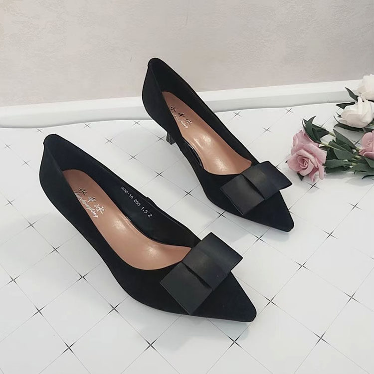 春款女人味大码女鞋4043反绒羊皮高跟鞋细跟蝴蝶结单鞋