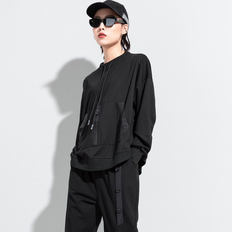 欧洲站长袖设计感休闲拼接内搭t恤t恤黑点儿潮服饰