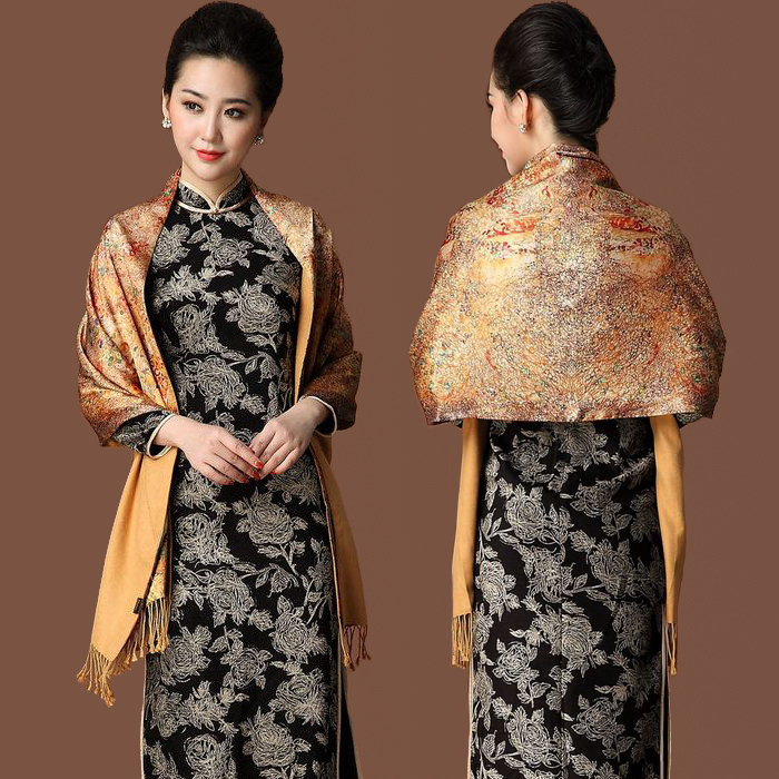 民族风红色婚宴披肩长款桑蚕丝旗袍外搭气质两用双层保暖围巾秋冬