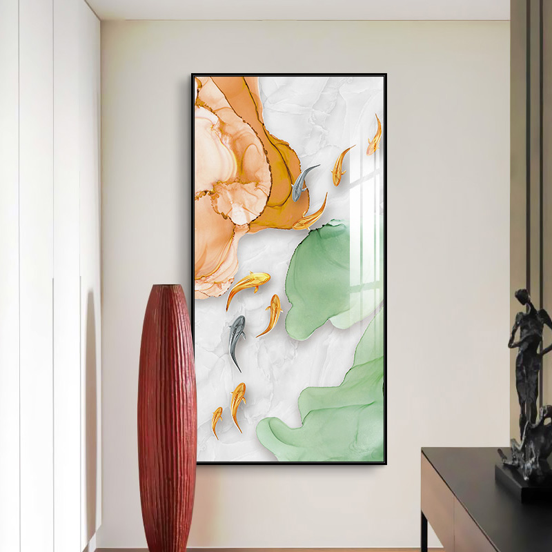 九鱼图玄关装饰画现代简约壁画竖版大幅走廊过道挂画进门招财墙画