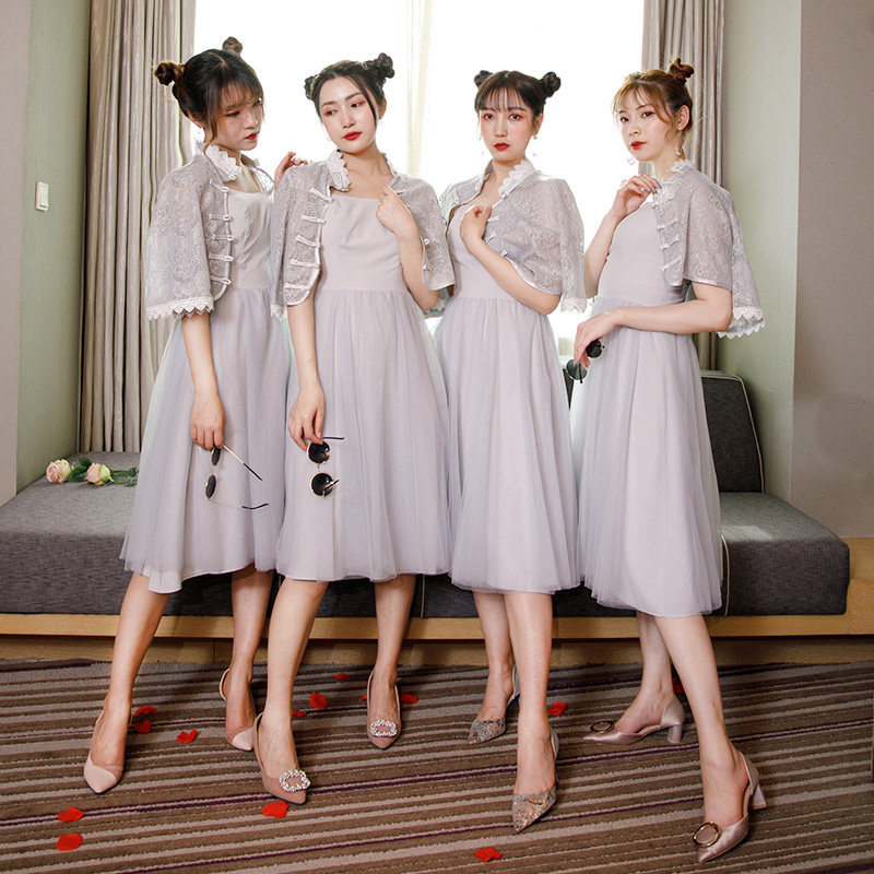 伴娘晚礼服显瘦灰色中长套装姐妹国风中国新款礼服