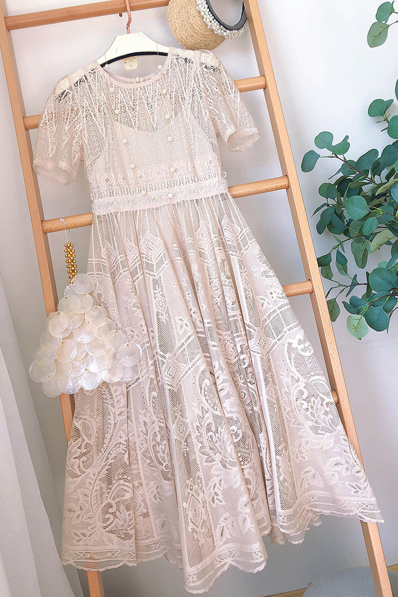 钉珠刺绣蕾丝重工连衣裙雪纺收腰显瘦中长纱裙连衣裙