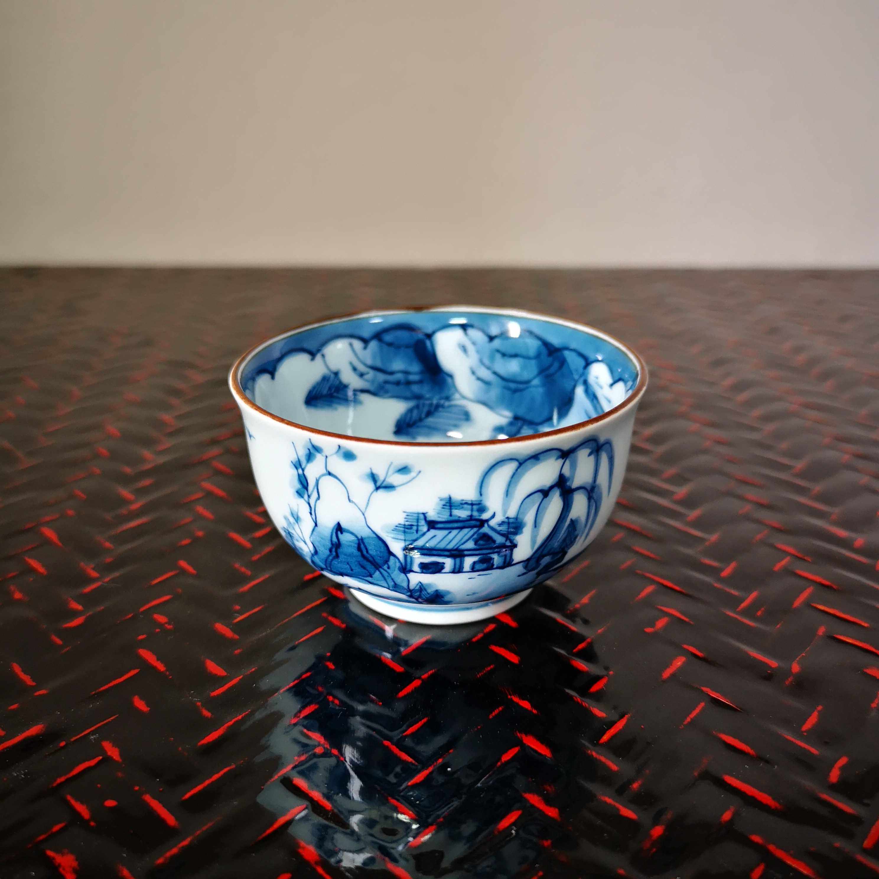 日本华山窑白手绘薄胎青花人物山水小茶杯特价茶杯