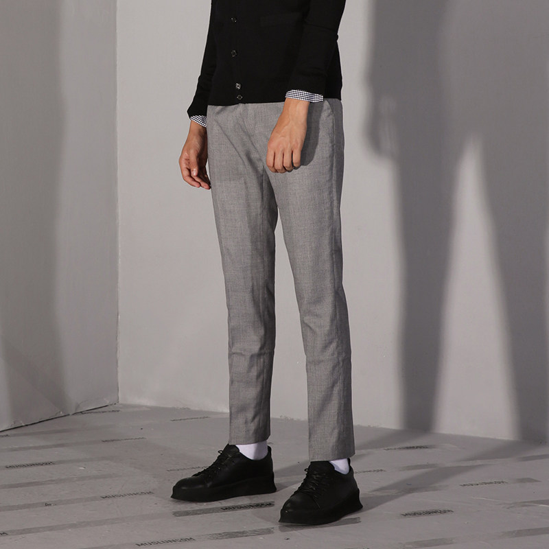 新款夏季muslun潮牌基本修身小脚西裤帅气灰色西裤