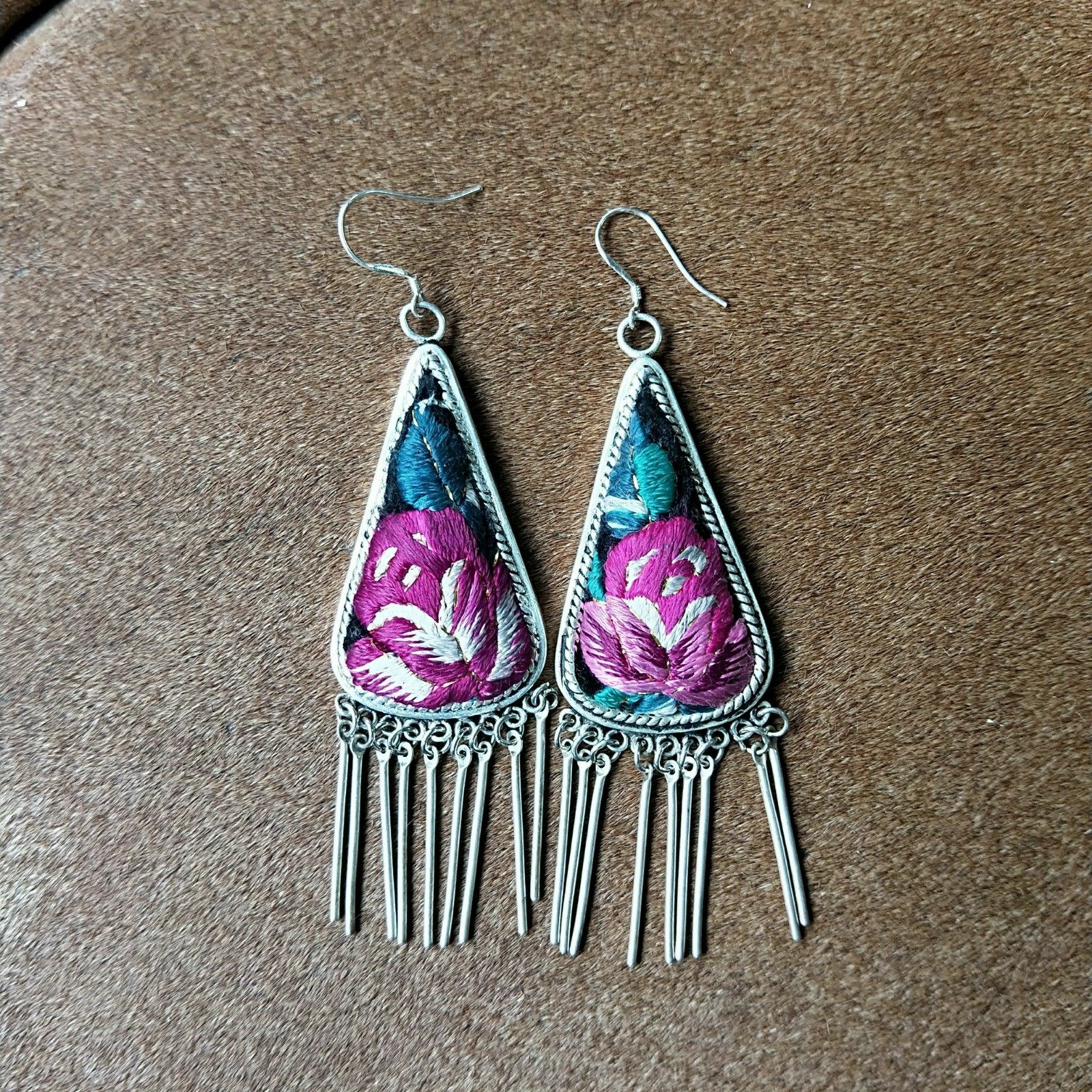 民族风手工老绣片苗银耳环 多款花色入