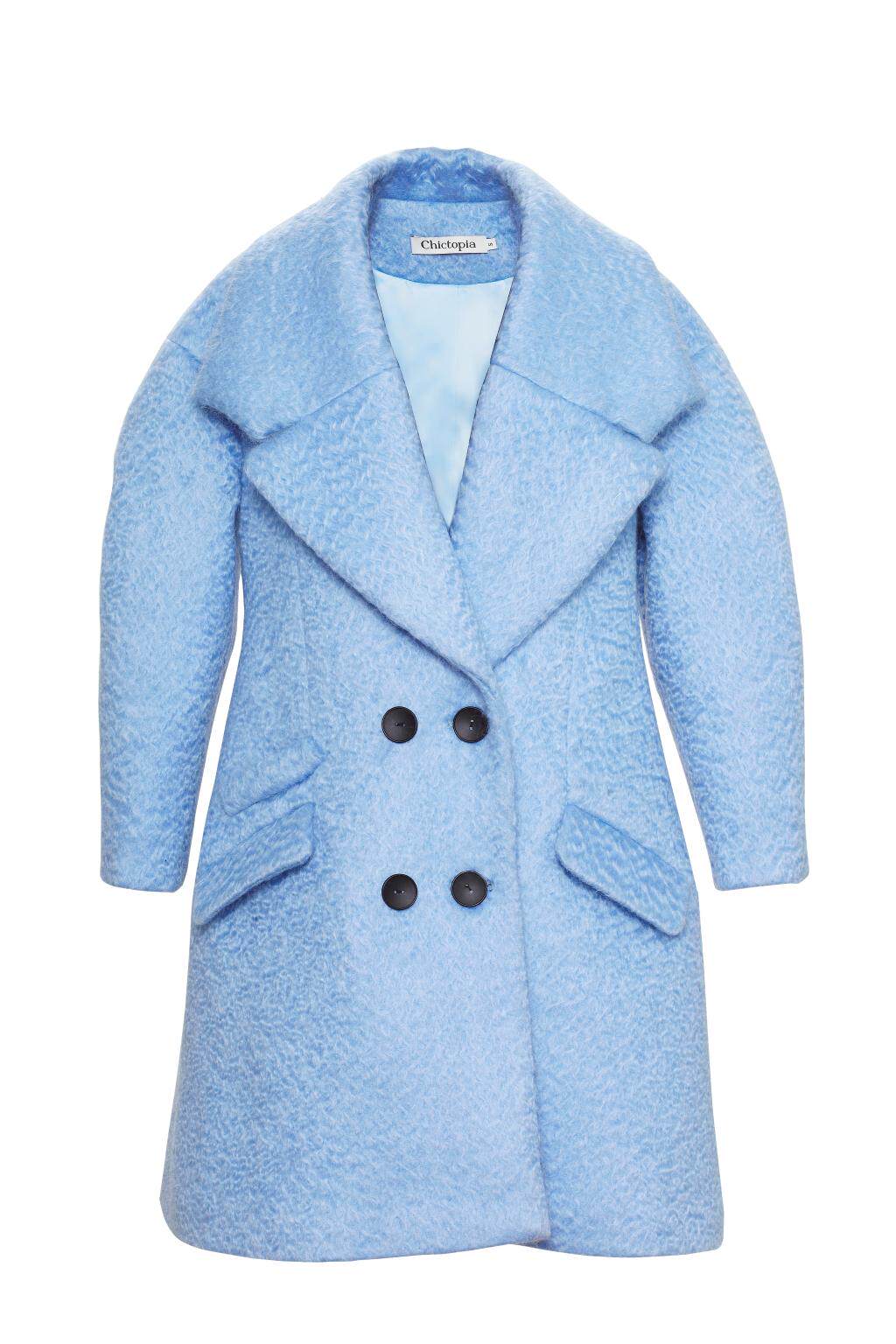 chictopia刘清扬清扬秋冬新品天蓝色马海毛双排毛呢大衣毛呢外套