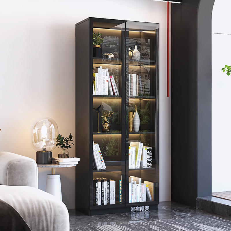 玻璃门书柜现代简约客厅落地书架书房整墙轻奢定制组合书柜