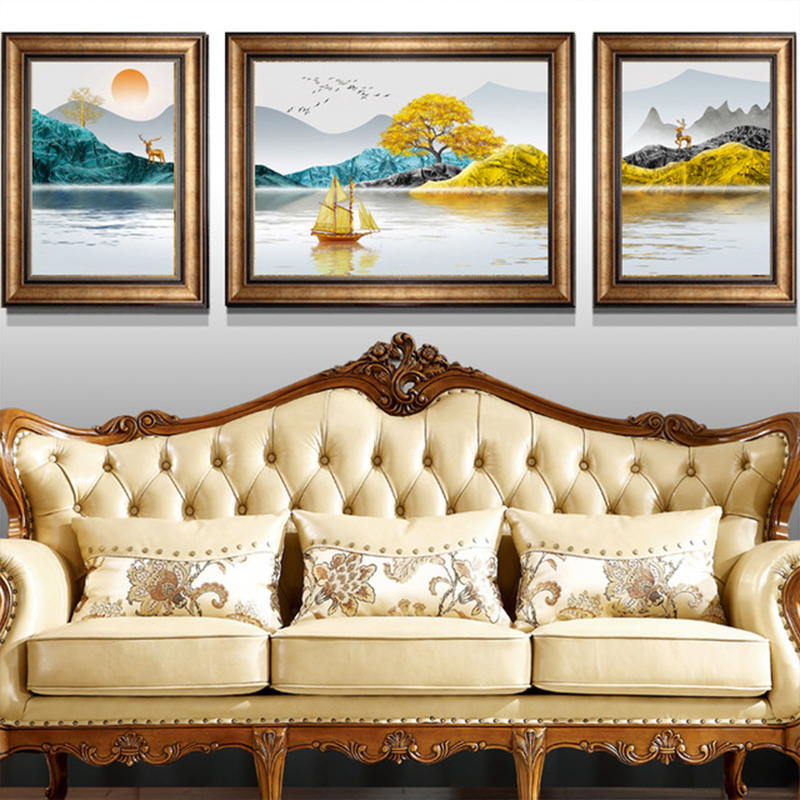 富水三股棉布布艺中式背景沙发客厅线绣金山十字绣套件