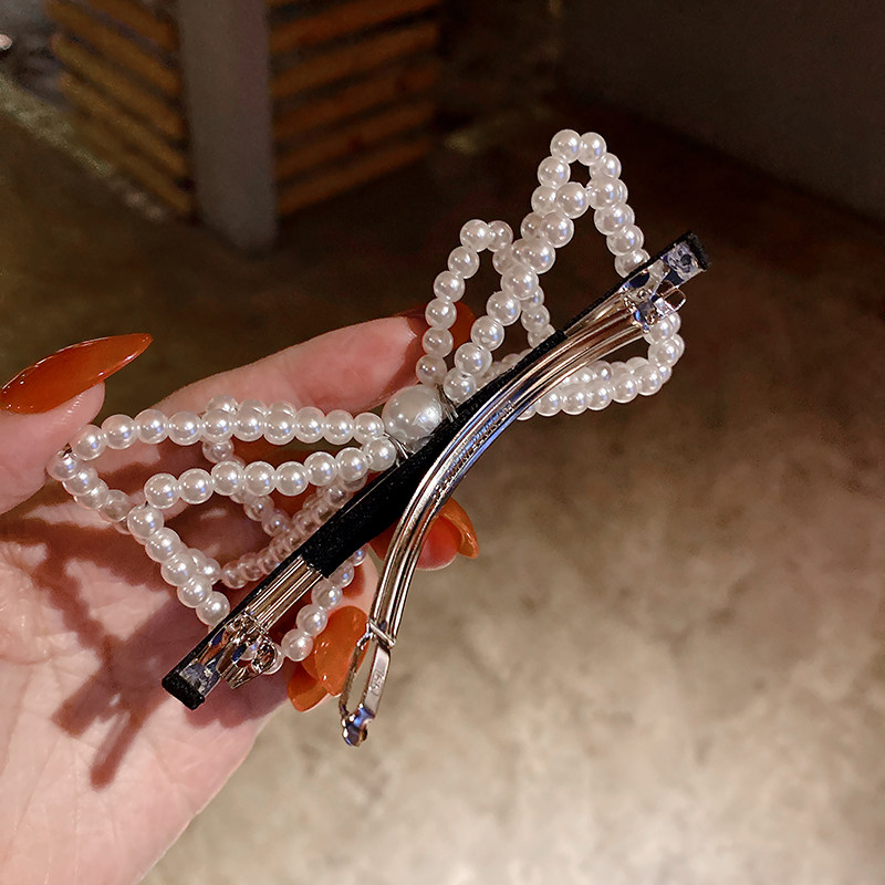 韩国ins珍珠蝴蝶结发夹超仙半扎发网红弹簧夹顶发饰