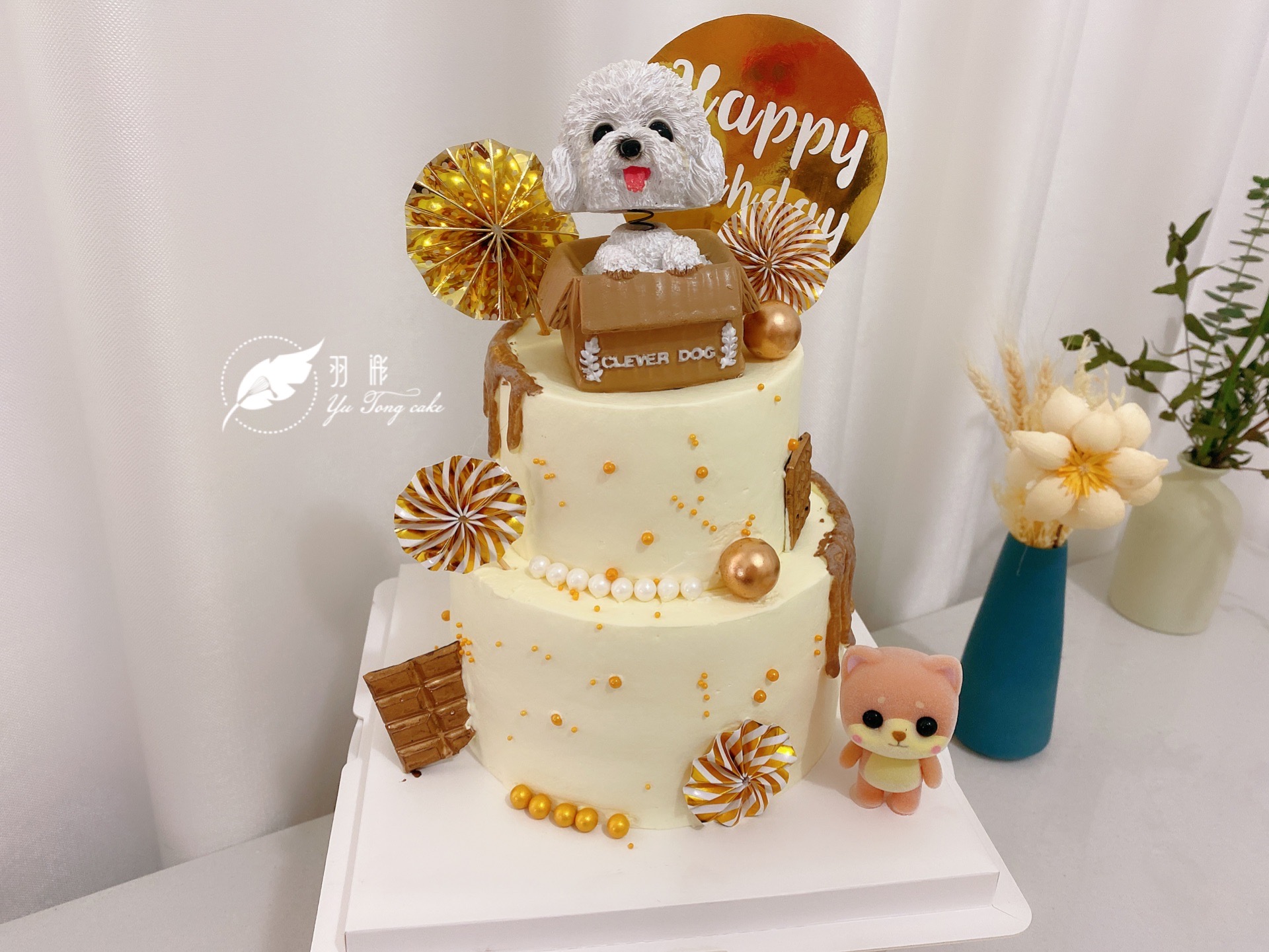 羽浵4寸泰迪泰迪狗狗狗卡通金色淋面气球双层新鲜生日蛋糕
