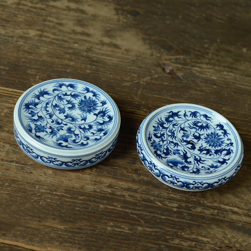 青花盖置圆盘形盖原矿手工手绘缠枝复古陶瓷茶道