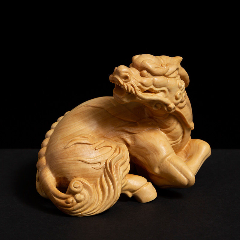 黄杨木纳福工艺品摆件麒麟独角实木创意招财风水木雕