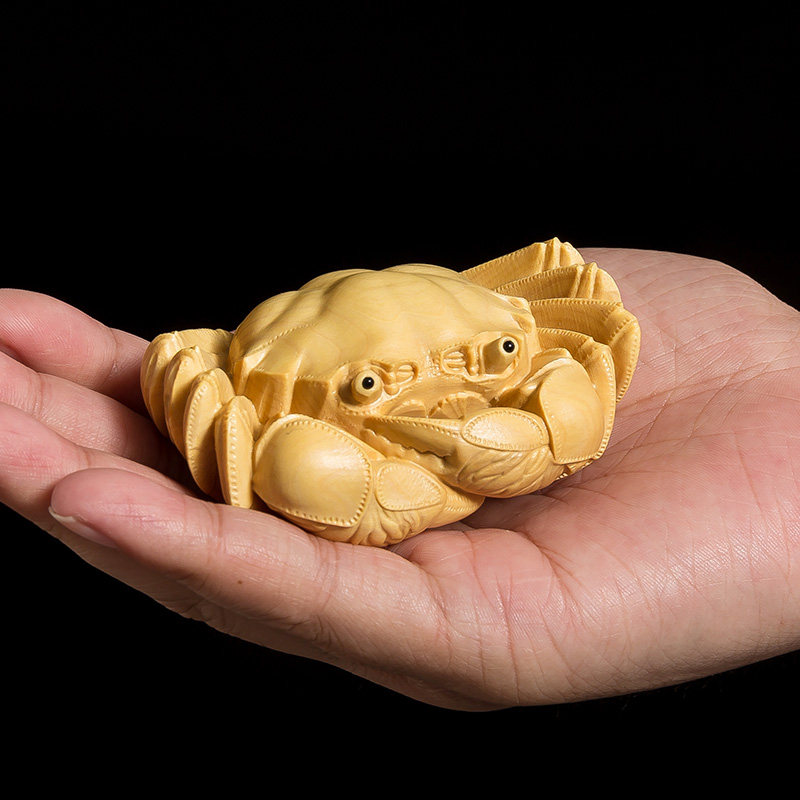黄杨木雕螃蟹文玩手把雕刻工艺品实木中式客厅木雕