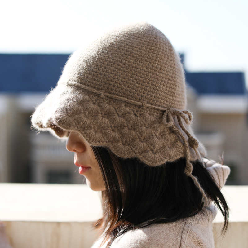 羊绒东东铺子法式手工编织大檐花边镂空针织帽子