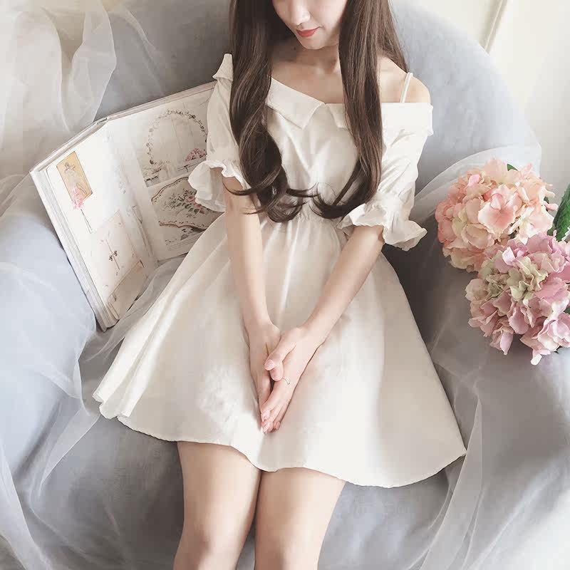 春夏新款韩版一字领露肩日系小清新修身少女甜美高腰肩带连衣裙