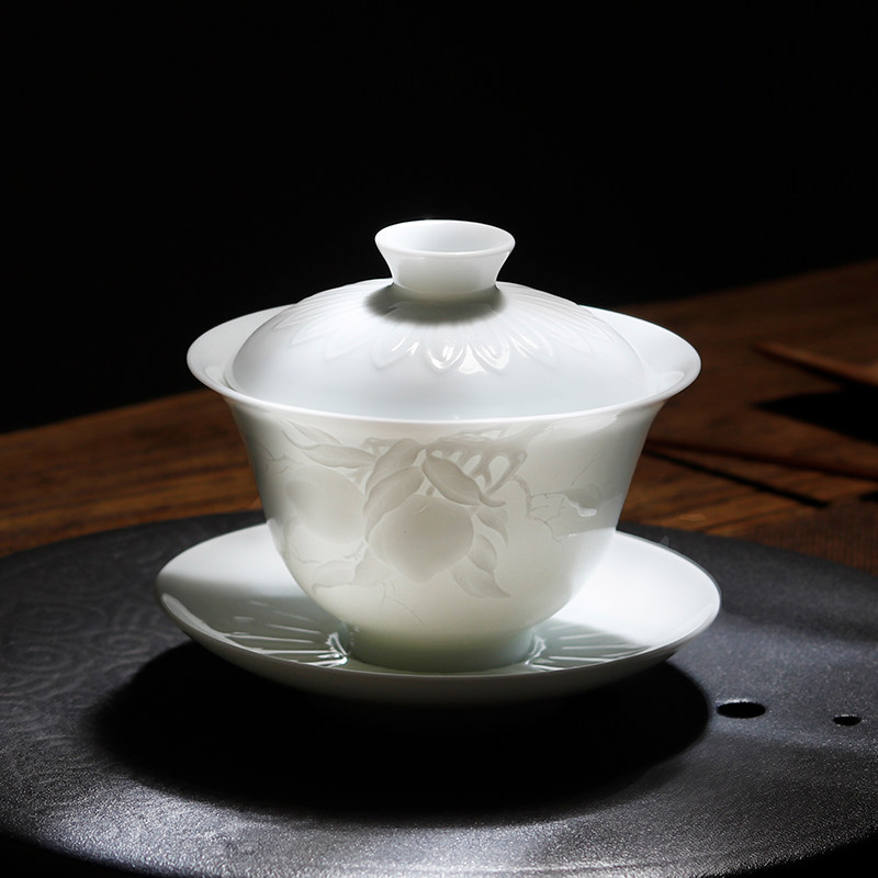 茶具茶碗景德镇传统手工三才盖碗寿桃浮雕泡茶盖碗